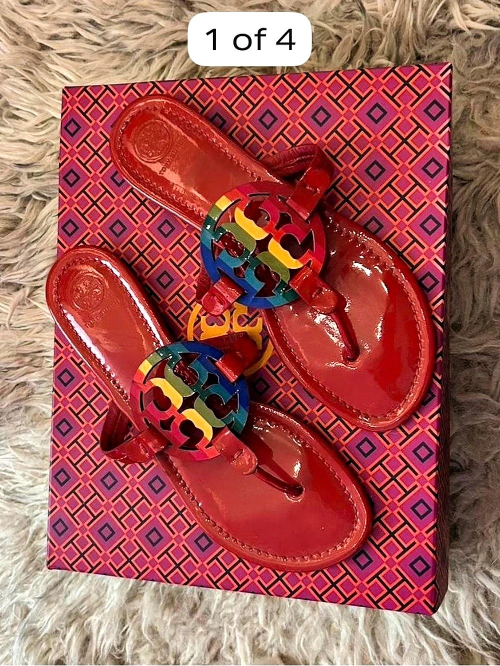 Tory Burch Miller Patent Sandal Rainbow Logo Red & Multicolor Size 9